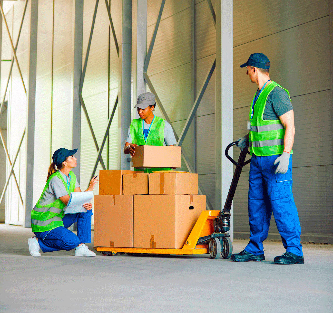 Three people in safety vests in a warehouse, looking a pallet jack with boxes Tre persone in gilet di sicurezza in un magazzino, mentre guardano un transpallet carico di scatole